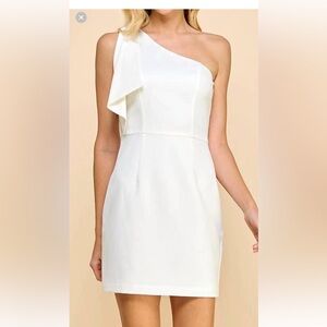 TCEC One-Shoulder White Mini Dress with Draped Bow Accent